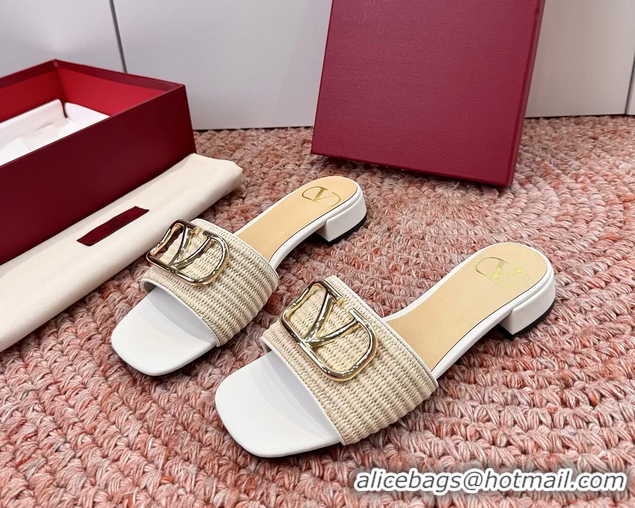 Good Quality Valentino Vlogo Raffia Flat Slides Sandal Beige White 6060911