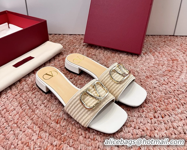 Good Quality Valentino Vlogo Raffia Flat Slides Sandal Beige White 6060911