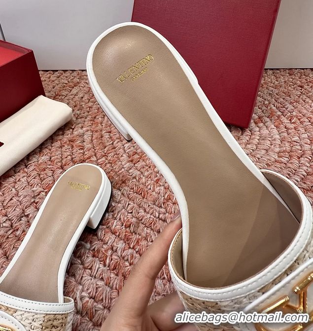 Luxury Valentino Vlogo Raffia Flat Slides Sandal Beige White 6060911