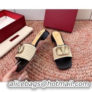 Unique Style Valentino Vlogo Raffia Flat Slides Sandal Beige Black 6060911