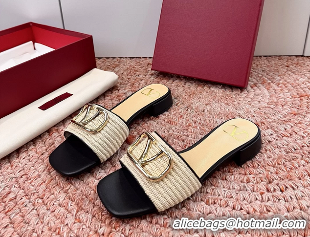 Unique Style Valentino Vlogo Raffia Flat Slides Sandal Beige Black 6060911