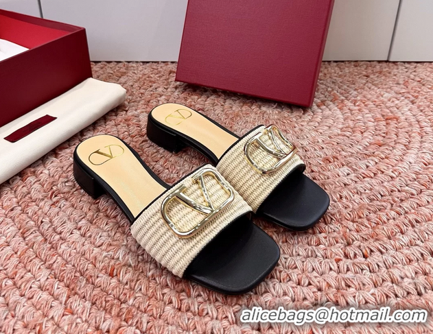 Unique Style Valentino Vlogo Raffia Flat Slides Sandal Beige Black 6060911