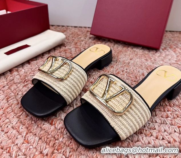 Unique Style Valentino Vlogo Raffia Flat Slides Sandal Beige Black 6060911