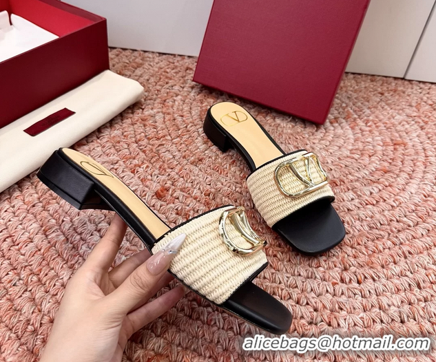 Unique Style Valentino Vlogo Raffia Flat Slides Sandal Beige Black 6060911