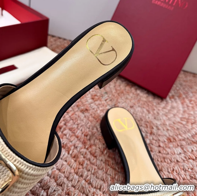 Unique Style Valentino Vlogo Raffia Flat Slides Sandal Beige Black 6060911