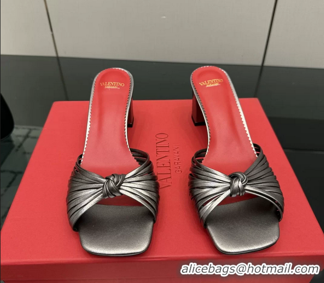 Top Grade Valentino Garavani Silver Leather Annet Heeled Slides Mules Sandals 6061001