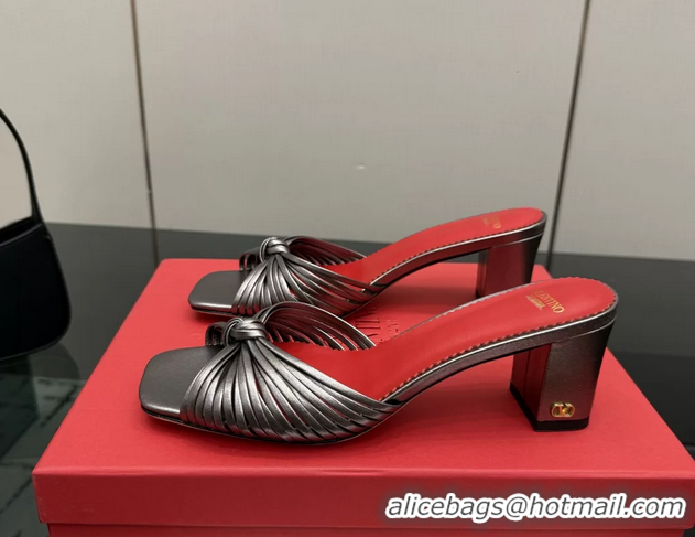 Top Grade Valentino Garavani Silver Leather Annet Heeled Slides Mules Sandals 6061001