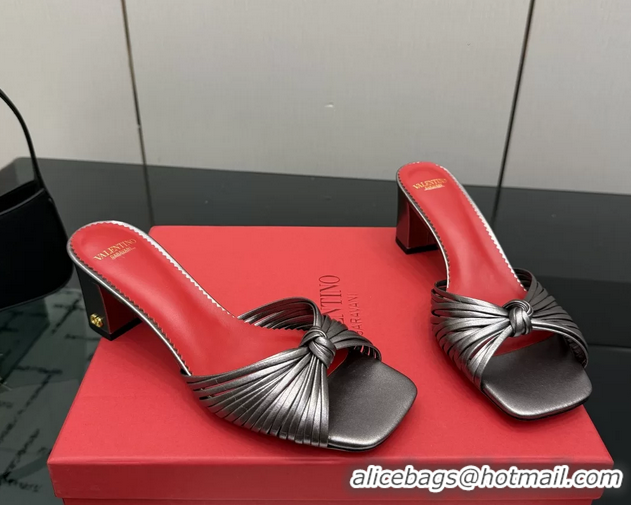Top Grade Valentino Garavani Silver Leather Annet Heeled Slides Mules Sandals 6061001