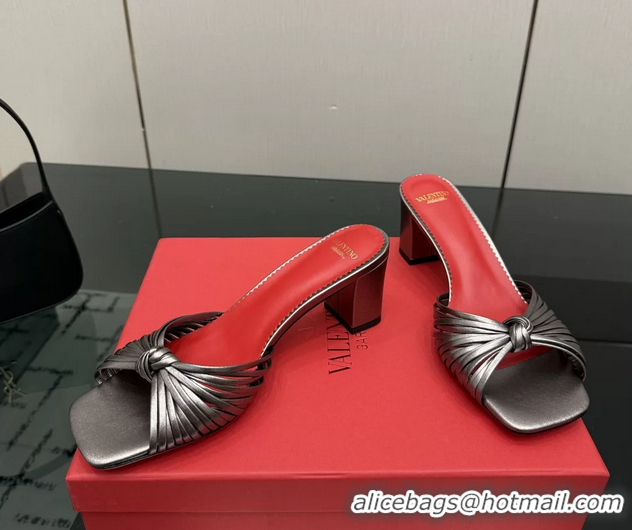 Top Grade Valentino Garavani Silver Leather Annet Heeled Slides Mules Sandals 6061001