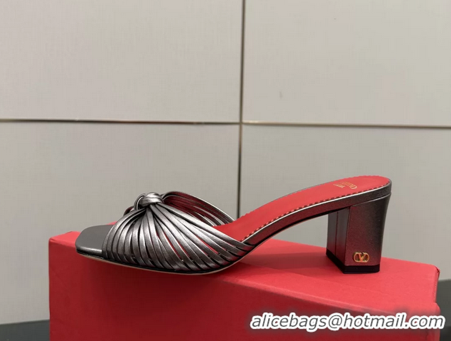 Top Grade Valentino Garavani Silver Leather Annet Heeled Slides Mules Sandals 6061001