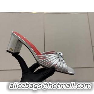 Good Product Valentino Garavani Silver Leather Annet Heeled Slides Mules Sandals 6061001