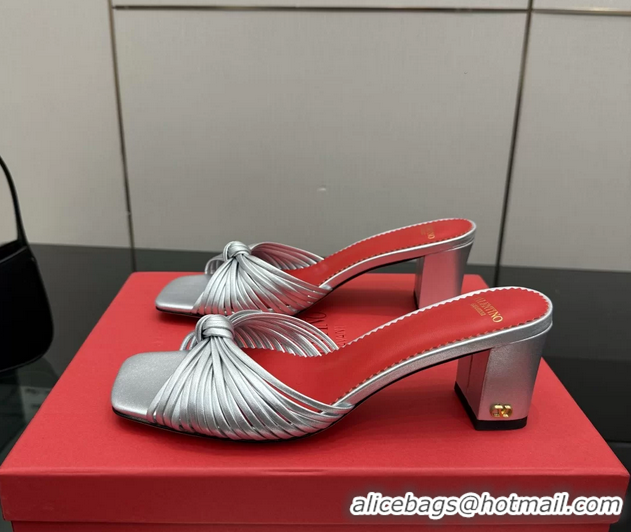 Good Product Valentino Garavani Silver Leather Annet Heeled Slides Mules Sandals 6061001