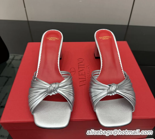 Good Product Valentino Garavani Silver Leather Annet Heeled Slides Mules Sandals 6061001