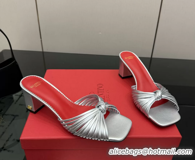 Good Product Valentino Garavani Silver Leather Annet Heeled Slides Mules Sandals 6061001