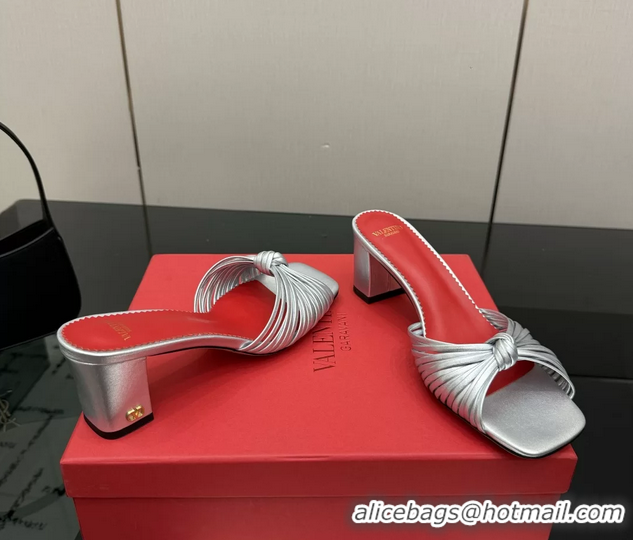 Good Product Valentino Garavani Silver Leather Annet Heeled Slides Mules Sandals 6061001