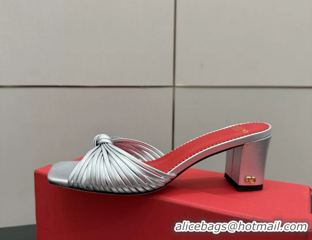 Good Product Valentino Garavani Silver Leather Annet Heeled Slides Mules Sandals 6061001