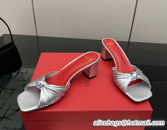 Good Product Valentino Garavani Silver Leather Annet Heeled Slides Mules Sandals 6061001