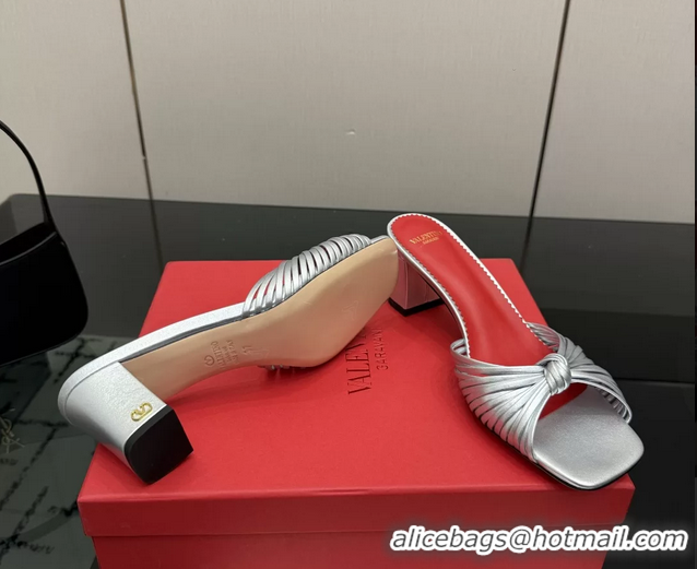Good Product Valentino Garavani Silver Leather Annet Heeled Slides Mules Sandals 6061001