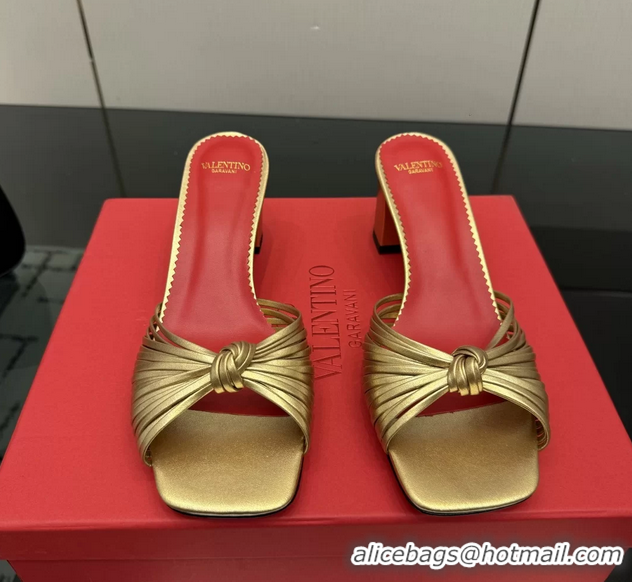 Grade Quality Valentino Garavani Gold Leather Annet Heeled Slides Mules Sandals 6061001