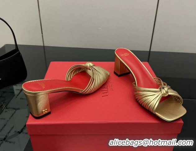Grade Quality Valentino Garavani Gold Leather Annet Heeled Slides Mules Sandals 6061001