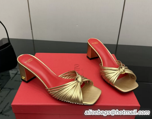 Grade Quality Valentino Garavani Gold Leather Annet Heeled Slides Mules Sandals 6061001