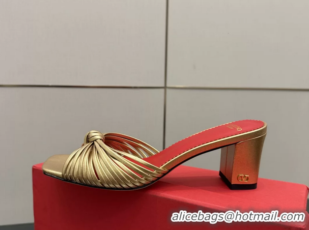 Grade Quality Valentino Garavani Gold Leather Annet Heeled Slides Mules Sandals 6061001