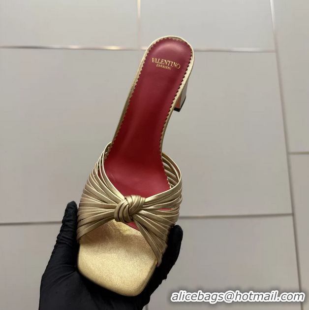 Grade Quality Valentino Garavani Gold Leather Annet Heeled Slides Mules Sandals 6061001