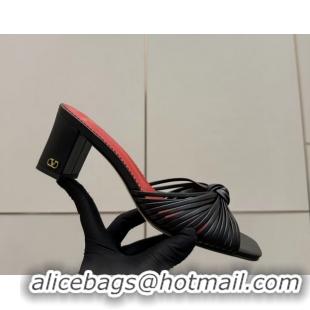 Discount Fashion Valentino Garavani Black Leather Annet Heeled Slides Mules Sandals 6061003