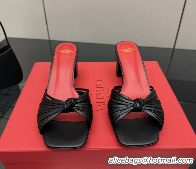 Discount Fashion Valentino Garavani Black Leather Annet Heeled Slides Mules Sandals 6061003
