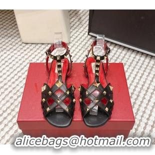Classic Hot Valentino Studdy Kidskin Leather Sandals Black 6061005