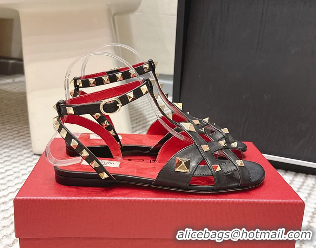 Classic Hot Valentino Studdy Kidskin Leather Sandals Black 6061005