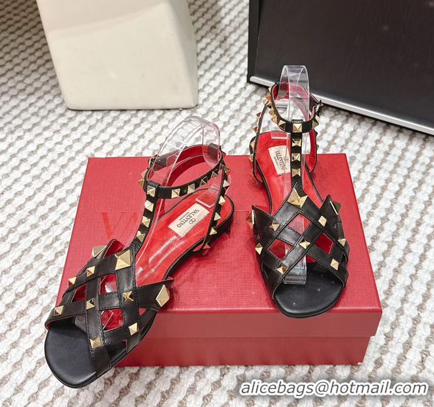 Classic Hot Valentino Studdy Kidskin Leather Sandals Black 6061005