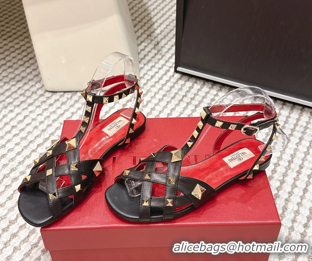 Classic Hot Valentino Studdy Kidskin Leather Sandals Black 6061005