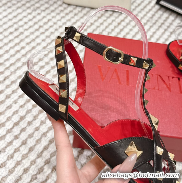 Classic Hot Valentino Studdy Kidskin Leather Sandals Black 6061005
