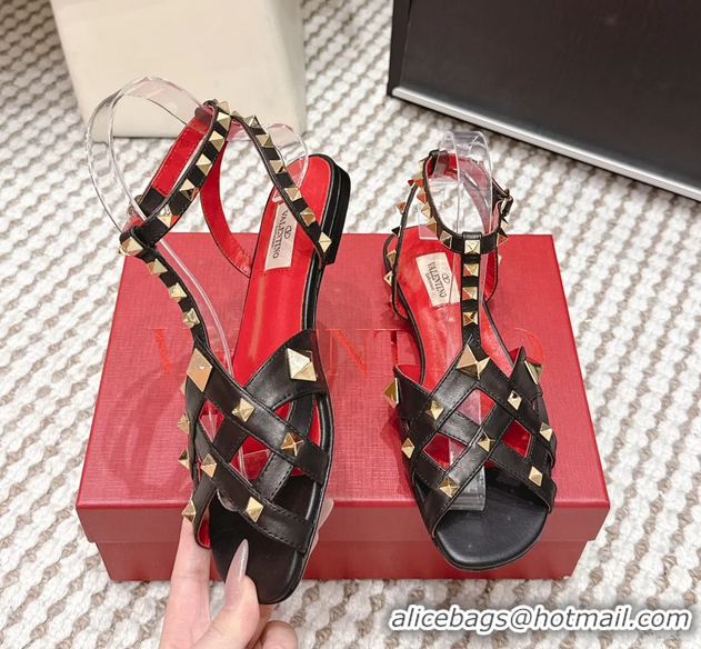 Classic Hot Valentino Studdy Kidskin Leather Sandals Black 6061005