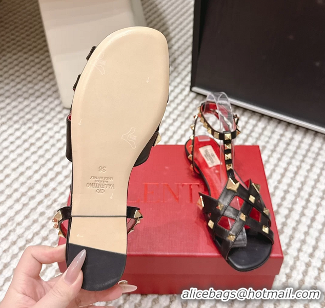 Classic Hot Valentino Studdy Kidskin Leather Sandals Black 6061005