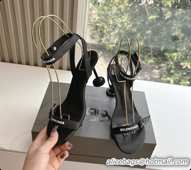 Top Design BALENCIAGA Afterhour Calfskin Allover Logo Ankle Strap Round Heel Sandals Black 90MM 6061023