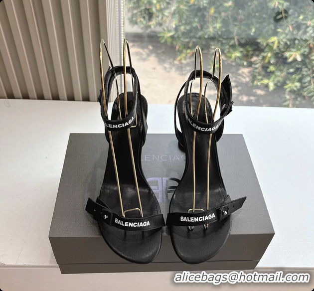 Top Design BALENCIAGA Afterhour Calfskin Allover Logo Ankle Strap Round Heel Sandals Black 90MM 6061023