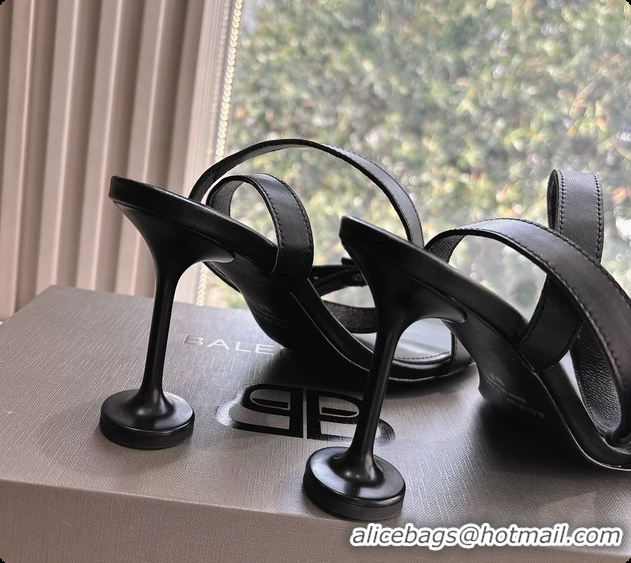Top Design BALENCIAGA Afterhour Calfskin Allover Logo Ankle Strap Round Heel Sandals Black 90MM 6061023