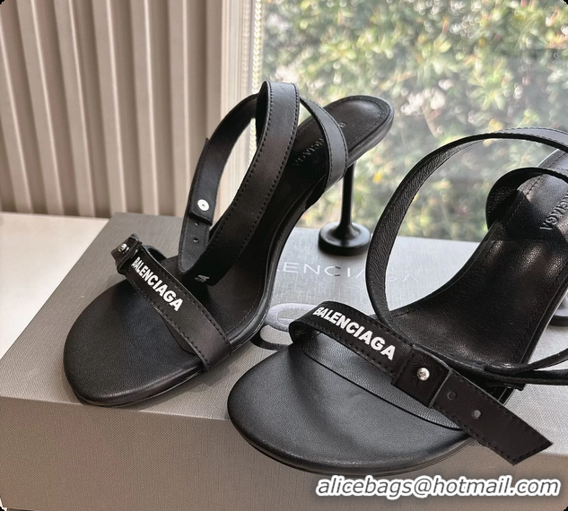 Top Design BALENCIAGA Afterhour Calfskin Allover Logo Ankle Strap Round Heel Sandals Black 90MM 6061023