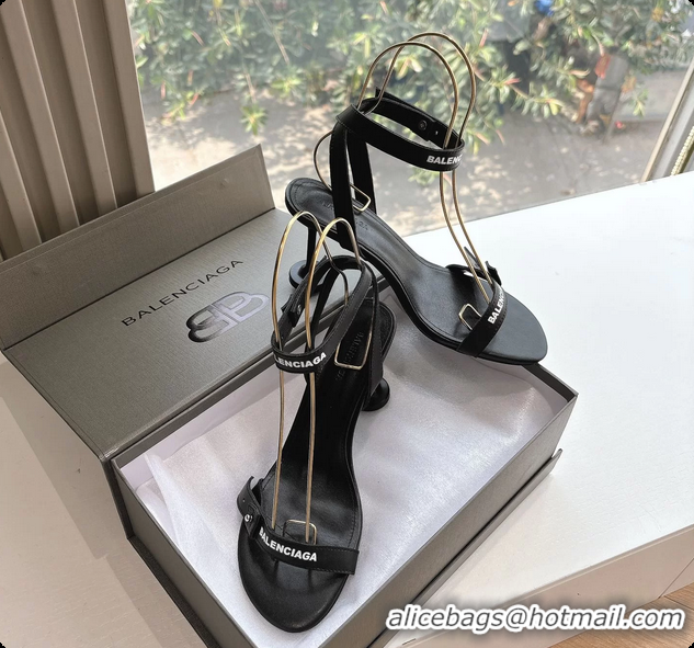 Top Design BALENCIAGA Afterhour Calfskin Allover Logo Ankle Strap Round Heel Sandals Black 90MM 6061023