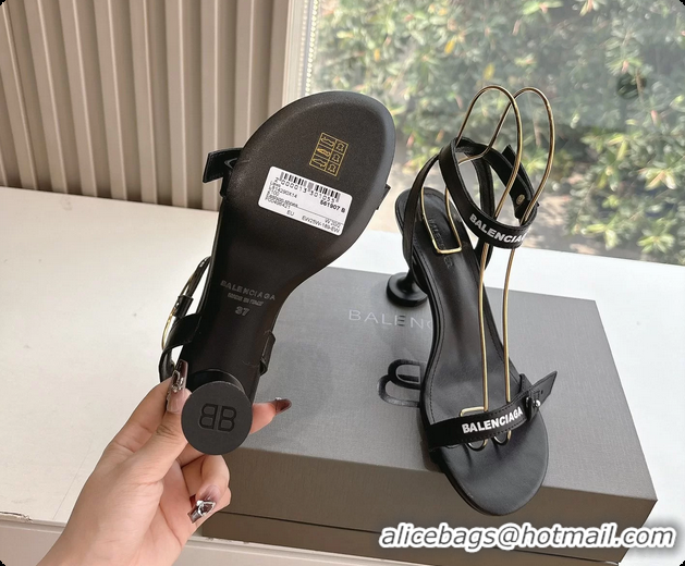 Top Design BALENCIAGA Afterhour Calfskin Allover Logo Ankle Strap Round Heel Sandals Black 90MM 6061023