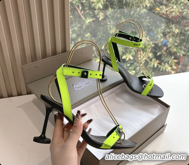 Top Grade BALENCIAGA Afterhour Calfskin Allover Logo Ankle Strap Round Heel Sandals Green 90MM 6061023