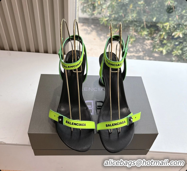 Top Grade BALENCIAGA Afterhour Calfskin Allover Logo Ankle Strap Round Heel Sandals Green 90MM 6061023