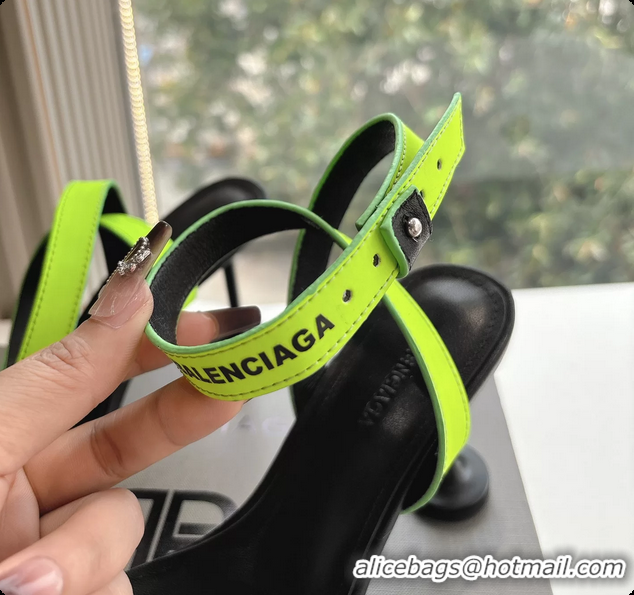 Top Grade BALENCIAGA Afterhour Calfskin Allover Logo Ankle Strap Round Heel Sandals Green 90MM 6061023
