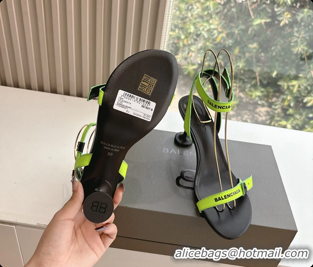 Top Grade BALENCIAGA Afterhour Calfskin Allover Logo Ankle Strap Round Heel Sandals Green 90MM 6061023