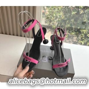 Good Looking BALENCIAGA Afterhour Calfskin Allover Logo Ankle Strap Round Heel Sandals Fuchsia 90MM 6061023