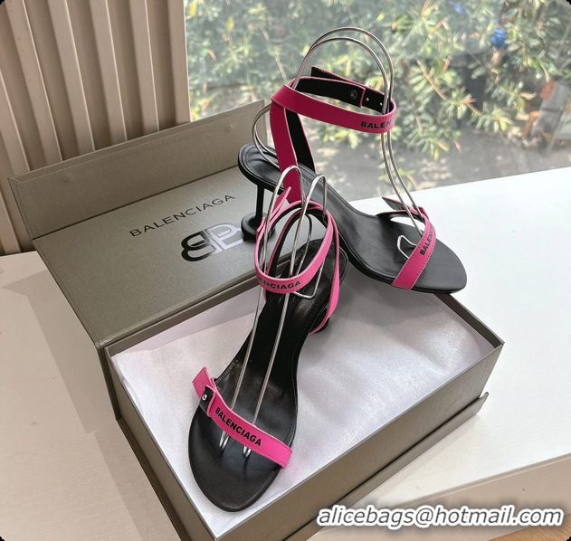 Good Looking BALENCIAGA Afterhour Calfskin Allover Logo Ankle Strap Round Heel Sandals Fuchsia 90MM 6061023