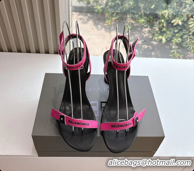 Good Looking BALENCIAGA Afterhour Calfskin Allover Logo Ankle Strap Round Heel Sandals Fuchsia 90MM 6061023