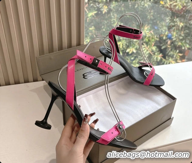 Good Looking BALENCIAGA Afterhour Calfskin Allover Logo Ankle Strap Round Heel Sandals Fuchsia 90MM 6061023